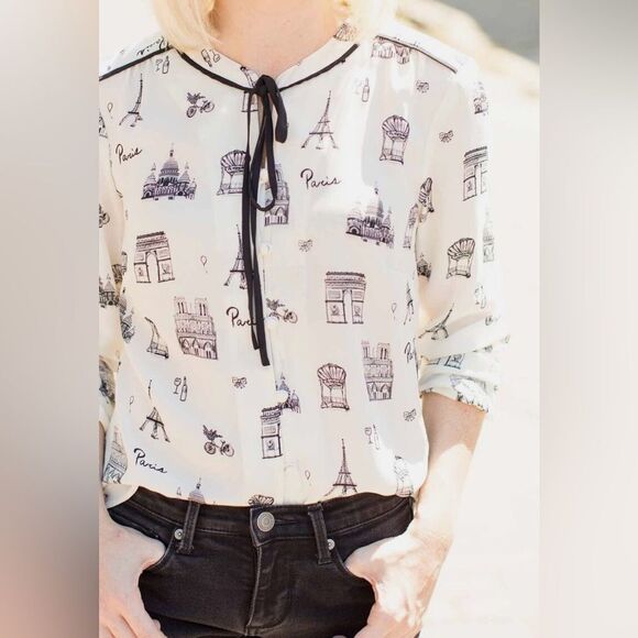 Talbots L Ivory Black Paris Eiffel Tower Print Long Sleeve Button Yoke Blouse - Picture 3 of 13